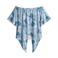 Anthurium Pikake Ti Leaf Palaka Off Shoulder Wrap Waist Top Blue Version LT01 Blue - Polynesian Pride