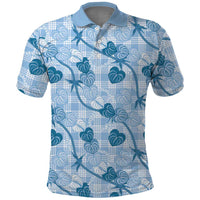 Anthurium Pikake Ti Leaf Palaka Polo Shirt Blue Version LT01 Blue - Polynesian Pride