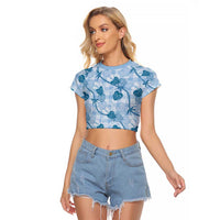 Anthurium Pikake Ti Leaf Palaka Raglan Cropped T Shirt Blue Version LT01 Female Blue - Polynesian Pride