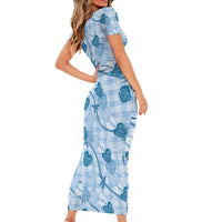 Anthurium Pikake Ti Leaf Palaka Short Sleeve Bodycon Dress Blue Version LT01 - Polynesian Pride