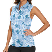 Anthurium Pikake Ti Leaf Palaka Women Sleeveless Polo Shirt Blue Version LT01 - Polynesian Pride