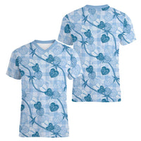 Anthurium Pikake Ti Leaf Palaka Women V-Neck T-Shirt Blue Version LT01 - Polynesian Pride