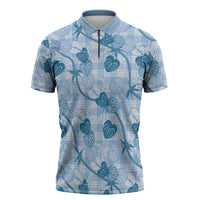 Anthurium Pikake Ti Leaf Palaka Zipper Polo Shirt Blue Version LT01 Blue - Polynesian Pride