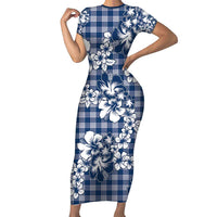 Hibiscus Pakala Cobalt Blue Royal Short Sleeve Bodycon Dress Tropical Floral Stylized LT01 Long Dress Blue - Polynesian Pride