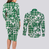 Hibiscus Pakala Emerald Green Couples Matching Long Sleeve Bodycon Dress and Long Sleeve Button Shirt Tropical Floral Stylized - Polynesian Pride