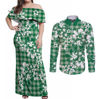 Hibiscus Pakala Emerald Green Couples Matching Off Shoulder Maxi Dress and Long Sleeve Button Shirt Tropical Floral Stylized - Polynesian Pride