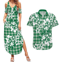 Hibiscus Pakala Emerald Green Couples Matching Summer Maxi Dress and Hawaiian Shirt Tropical Floral Stylized - Polynesian Pride