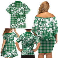 Hibiscus Pakala Emerald Green Family Matching Off Shoulder Short Dress and Hawaiian Shirt Tropical Floral Stylized - Polynesian Pride