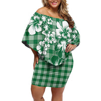 Hibiscus Pakala Emerald Green Family Matching Off Shoulder Short Dress and Hawaiian Shirt Tropical Floral Stylized - Polynesian Pride