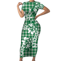 Hibiscus Pakala Emerald Green Short Sleeve Bodycon Dress Tropical Floral Stylized LT01 Long Dress Green - Polynesian Pride