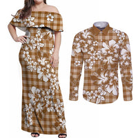 Hibiscus Pakala Bronze Brown Couples Matching Off Shoulder Maxi Dress and Long Sleeve Button Shirt Tropical Floral Stylized - Polynesian Pride