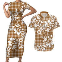 Hibiscus Pakala Bronze Brown Couples Matching Short Sleeve Bodycon Dress and Hawaiian Shirt Tropical Floral Stylized - Polynesian Pride