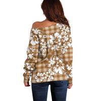 Hibiscus Pakala Bronze Brown Off Shoulder Sweater Tropical Floral Stylized - Polynesian Pride
