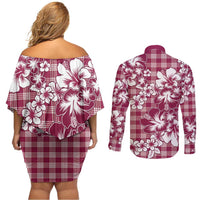 Hibiscus Pakala Royal Magenta Couples Matching Off Shoulder Short Dress and Long Sleeve Button Shirt Tropical Floral Stylized - Polynesian Pride
