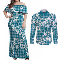 Hibiscus Pakala Ocean Depths Blue Couples Matching Off Shoulder Maxi Dress and Long Sleeve Button Shirt Tropical Floral Stylized - Polynesian Pride