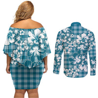 Hibiscus Pakala Ocean Depths Blue Couples Matching Off Shoulder Short Dress and Long Sleeve Button Shirt Tropical Floral Stylized - Polynesian Pride