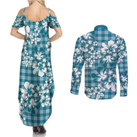 Hibiscus Pakala Ocean Depths Blue Couples Matching Summer Maxi Dress and Long Sleeve Button Shirt Tropical Floral Stylized - Polynesian Pride