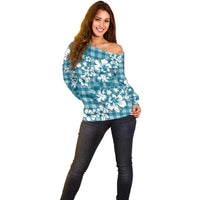 Hibiscus Pakala Ocean Depths Blue Off Shoulder Sweater Tropical Floral Stylized - Polynesian Pride