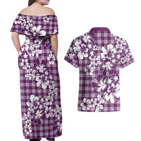 Hibiscus Pakala Sweetie Purple Couples Matching Off Shoulder Maxi Dress and Hawaiian Shirt Tropical Floral Stylized - Polynesian Pride