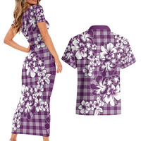 Hibiscus Pakala Sweetie Purple Couples Matching Short Sleeve Bodycon Dress and Hawaiian Shirt Tropical Floral Stylized - Polynesian Pride