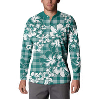 Hibiscus Pakala Aqua Teal Button Sweatshirt Tropical Floral Stylized - Polynesian Pride
