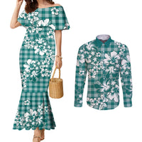 Hibiscus Pakala Aqua Teal Couples Matching Mermaid Dress and Long Sleeve Button Shirt Tropical Floral Stylized - Polynesian Pride