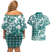 Hibiscus Pakala Aqua Teal Couples Matching Off Shoulder Short Dress and Hawaiian Shirt Tropical Floral Stylized - Polynesian Pride
