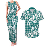 Hibiscus Pakala Aqua Teal Couples Matching Tank Maxi Dress and Hawaiian Shirt Tropical Floral Stylized - Polynesian Pride