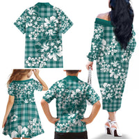 Hibiscus Pakala Aqua Teal Family Matching Off The Shoulder Long Sleeve Dress and Hawaiian Shirt Tropical Floral Stylized - Polynesian Pride