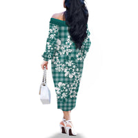 Hibiscus Pakala Aqua Teal Family Matching Off The Shoulder Long Sleeve Dress and Hawaiian Shirt Tropical Floral Stylized - Polynesian Pride