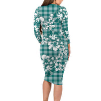Hibiscus Pakala Aqua Teal Long Sleeve Bodycon Dress Tropical Floral Stylized - Polynesian Pride