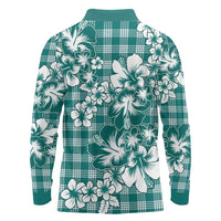 Hibiscus Pakala Aqua Teal Long Sleeve Polo Shirt Tropical Floral Stylized LT01 - Polynesian Pride