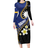 Personalised Nauru Long Sleeve Bodycon Dress Naoero Proud Plumeria LT01 Long Dress Blue - Polynesian Pride