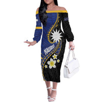 Personalised Nauru Off The Shoulder Long Sleeve Dress Naoero Proud Plumeria LT01 Women Blue - Polynesian Pride