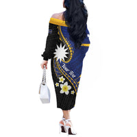 Personalised Nauru Off The Shoulder Long Sleeve Dress Naoero Proud Plumeria LT01 - Polynesian Pride