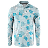 Hawaii Anthurium Tiare Pikake Lei Button Sweatshirt UliUli Lauhala Art Pattern LT01 Blue - Polynesian Pride
