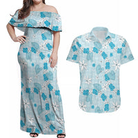 Hawaii Anthurium Tiare Pikake Lei Couples Matching Off Shoulder Maxi Dress and Hawaiian Shirt UliUli Lauhala Art Pattern