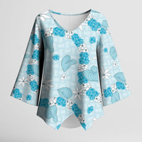 Hawaii Anthurium Tiare Pikake Lei Kimono Sleeve Blouse UliUli Lauhala Art Pattern LT01 Female Blue - Polynesian Pride