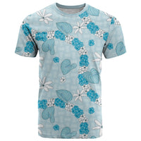 Hawaii Anthurium Tiare Pikake Lei T Shirt UliUli Lauhala Art Pattern LT01 Blue - Polynesian Pride