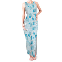 Hawaii Anthurium Tiare Pikake Lei Tank Maxi Dress UliUli Lauhala Art Pattern LT01 Women Blue - Polynesian Pride