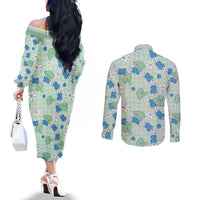 Hawaii Anthurium Tiare Pikake Lei Couples Matching Off The Shoulder Long Sleeve Dress and Long Sleeve Button Shirt Omaomao Lauhala Art Pattern