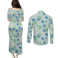 Hawaii Anthurium Tiare Pikake Lei Couples Matching Puletasi and Long Sleeve Button Shirt Omaomao Lauhala Art Pattern