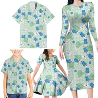 Hawaii Anthurium Tiare Pikake Lei Family Matching Long Sleeve Bodycon Dress and Hawaiian Shirt Omaomao Lauhala Art Pattern