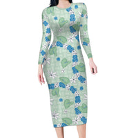 Hawaii Anthurium Tiare Pikake Lei Long Sleeve Bodycon Dress Omaomao Lauhala Art Pattern LT01 Long Dress Green - Polynesian Pride