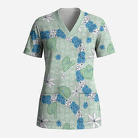 Hawaii Anthurium Tiare Pikake Lei Scrub Top Omaomao Lauhala Art Pattern LT01 Adult Green - Polynesian Pride