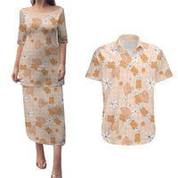 Hawaii Anthurium Tiare Pikake Lei Couples Matching Puletasi and Hawaiian Shirt Alani Lauhala Art Pattern LT01 Orange - Polynesian Pride
