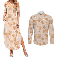 Hawaii Anthurium Tiare Pikake Lei Couples Matching Summer Maxi Dress and Long Sleeve Button Shirt Alani Lauhala Art Pattern LT01 Orange - Polynesian Pride