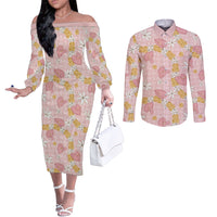 Hawaii Anthurium Tiare Pikake Lei Couples Matching Off The Shoulder Long Sleeve Dress and Long Sleeve Button Shirt Akala Lauhala Art Pattern