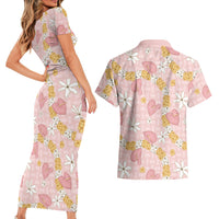 Hawaii Anthurium Tiare Pikake Lei Couples Matching Short Sleeve Bodycon Dress and Hawaiian Shirt Akala Lauhala Art Pattern