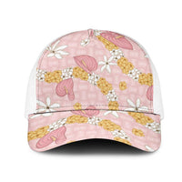 Hawaii Anthurium Tiare Pikake Lei Mesh Trucker Cap Akala Lauhala Art Pattern LT01 One Size White Pink - Polynesian Pride